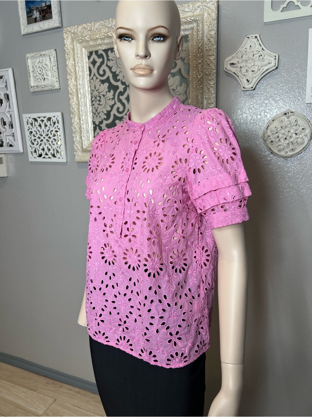 J. Crew Pink Eyelet Short puff Sleeve Blouse - Picture 9 of 13